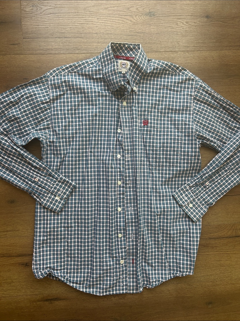 Cinch Men's Blue and Green Checked Button-Down Shirt !! Small